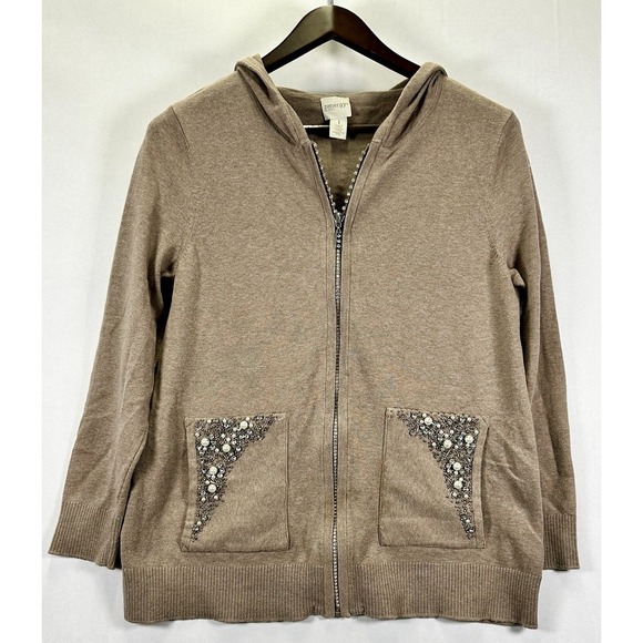 Chico's Sweaters - ZENERGY by CHICOS Zip Front Sweater  Size 1  with Rhinestone & Pearl Tan Size 1